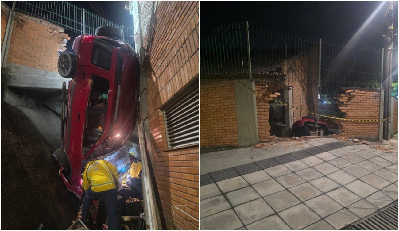 Carro despenca e fica pendurado no muro do IFSC de São José; VÍDEO