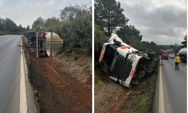 Caminhão carregado com óleo vegetal tomba às margens da BR-282 no Oeste de SC