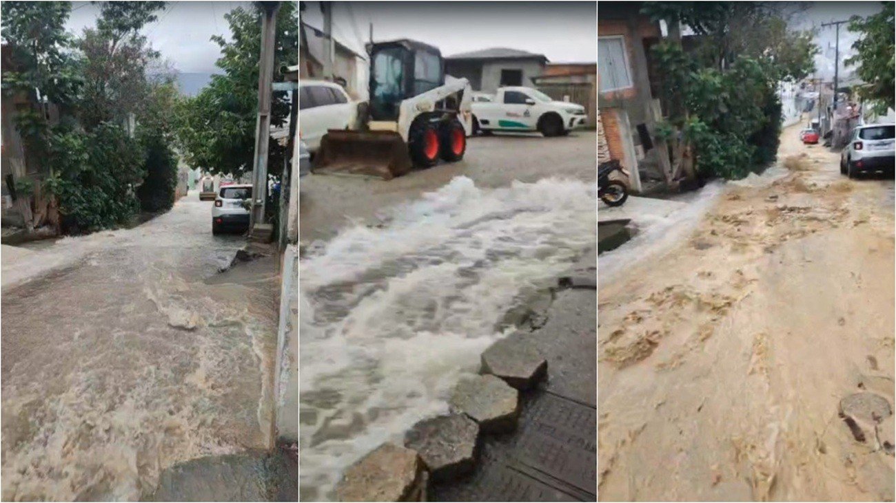 Rua vira 'cachoeira' após reservatório de água extravasar e alagar casas em Florianópolis; VÍDEO