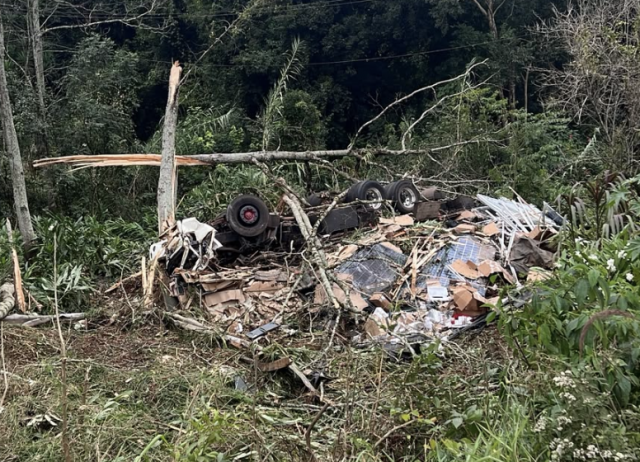 Motorista morre após caminhão carregado com placas solares sair da pista e tombar em Seara