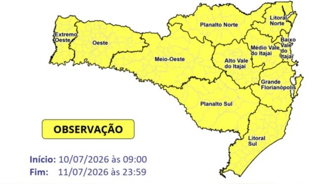 Santa Catarina tem alerta para temporais, chuva intensa e granizo neste fim de semana