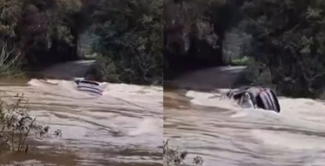 Família escapa após carro ser arrastado por correnteza em ponte submersa em SC