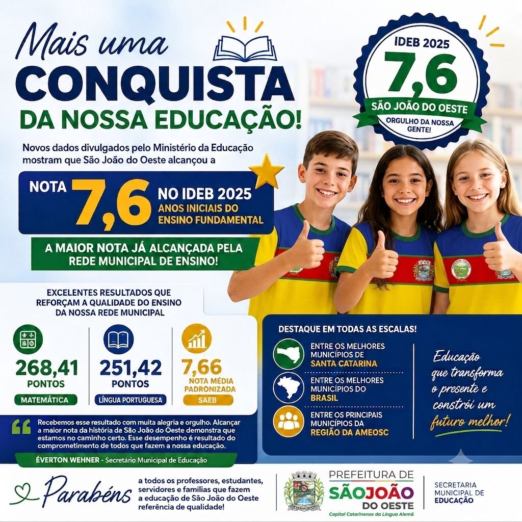 São João do Oeste atinge nota 7,6 no IDEB e se destaca no Estado e no país