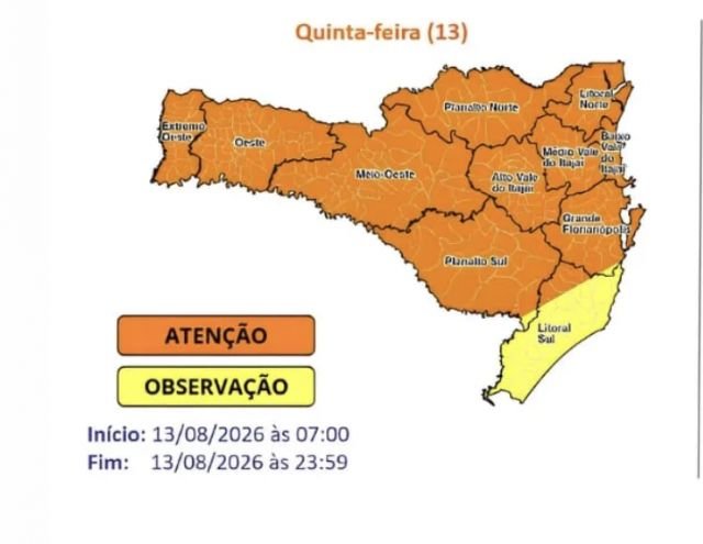 Santa Catarina em alerta para temporais, granizo e ventos fortes até sábado