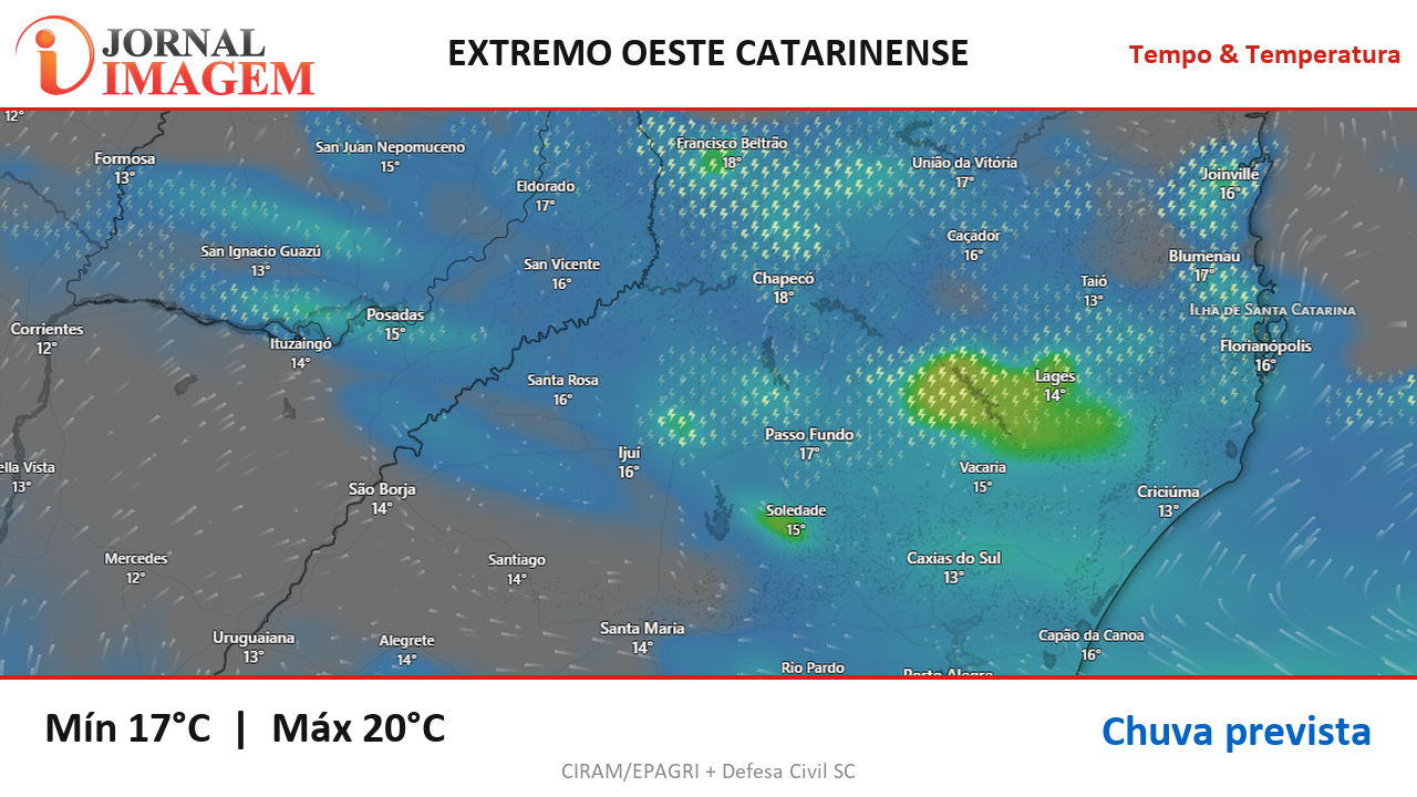 Previsão do Tempo — Extremo Oeste de SC — 13/08/2026