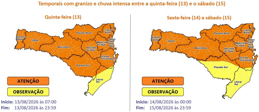 Defesa Civil alerta para temporais em Santa Catarina até sábado