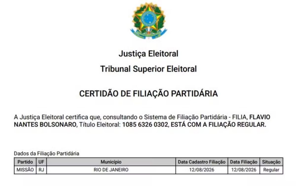 Flávio Bolsonaro é registrado como filiado ao Missão no TSE e PL aponta fraude