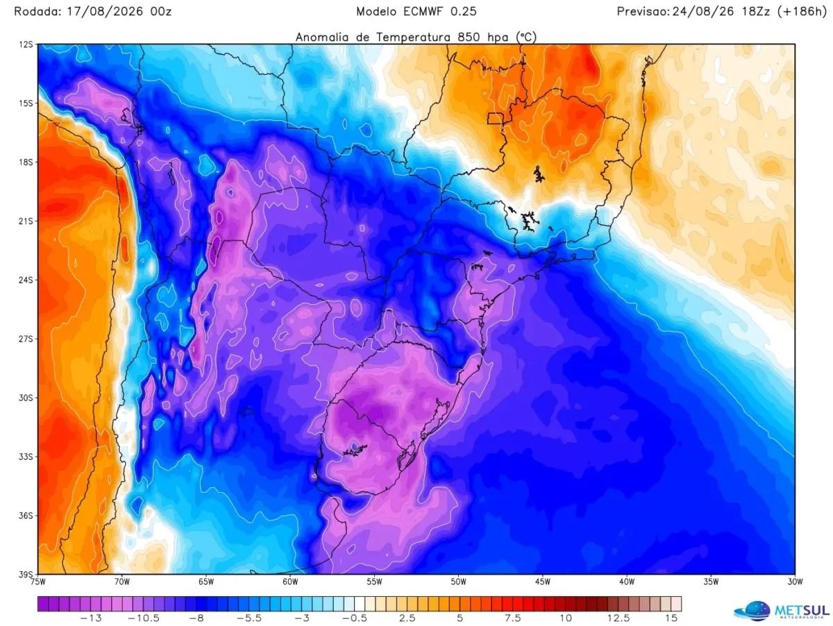 Massa de ar frio chega ao Sul do Brasil com mínimas de até -7°C