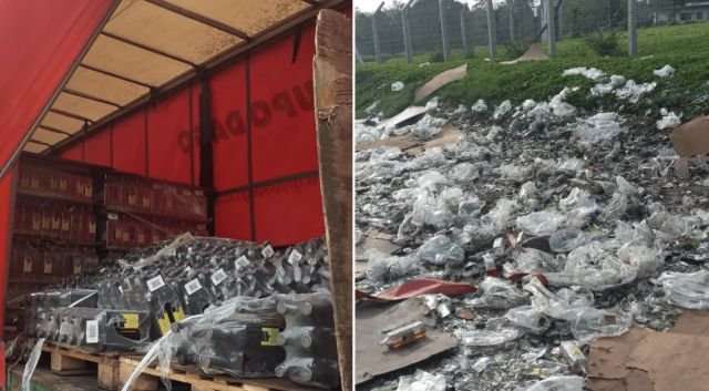 Carreta tomba em Içara e 1,8 mil garrafas de uísque são saqueadas