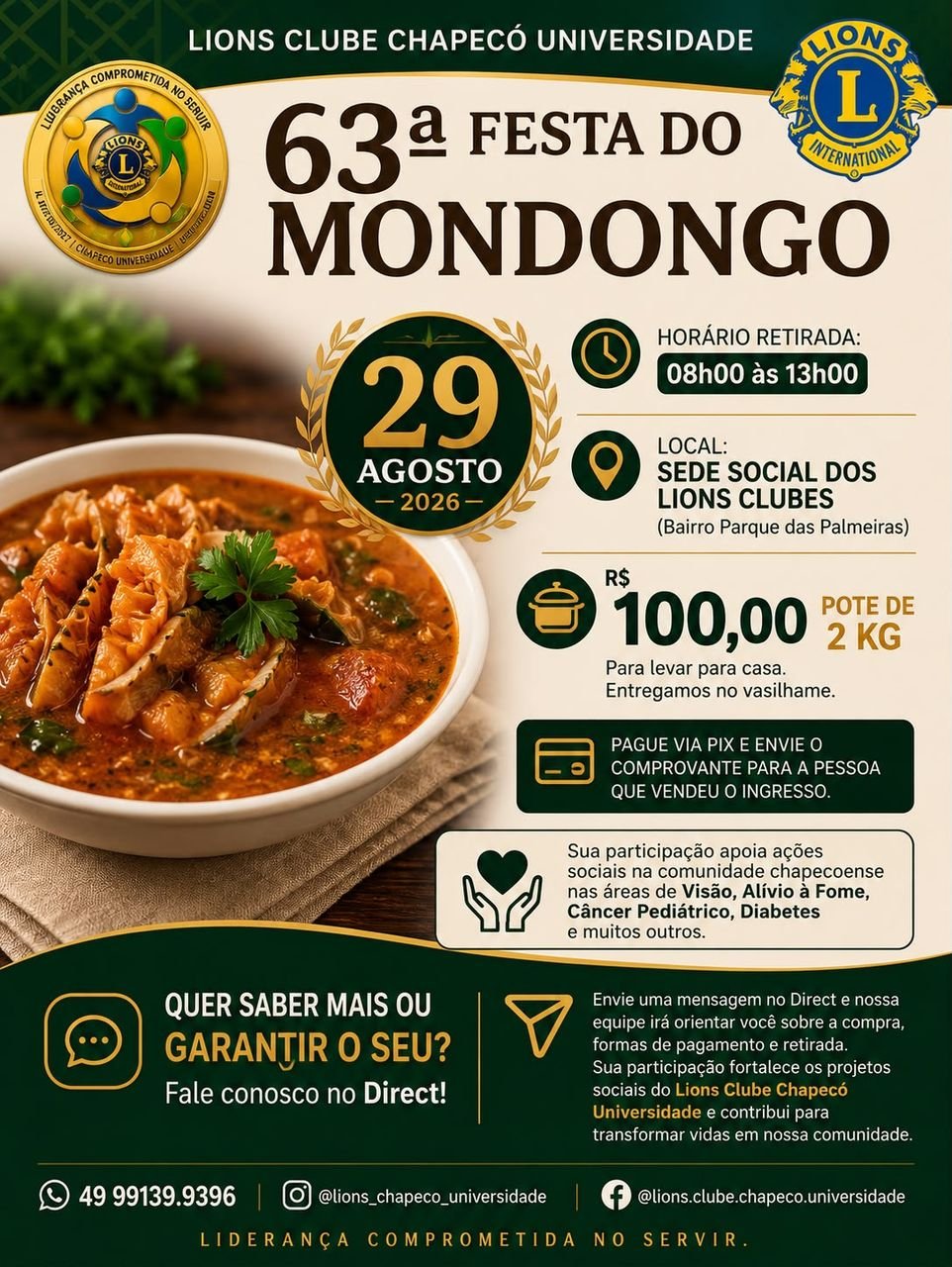63ª Festa do Mondongo do Lions Clube Chapecó Universidade une gastronomia e solidariedade