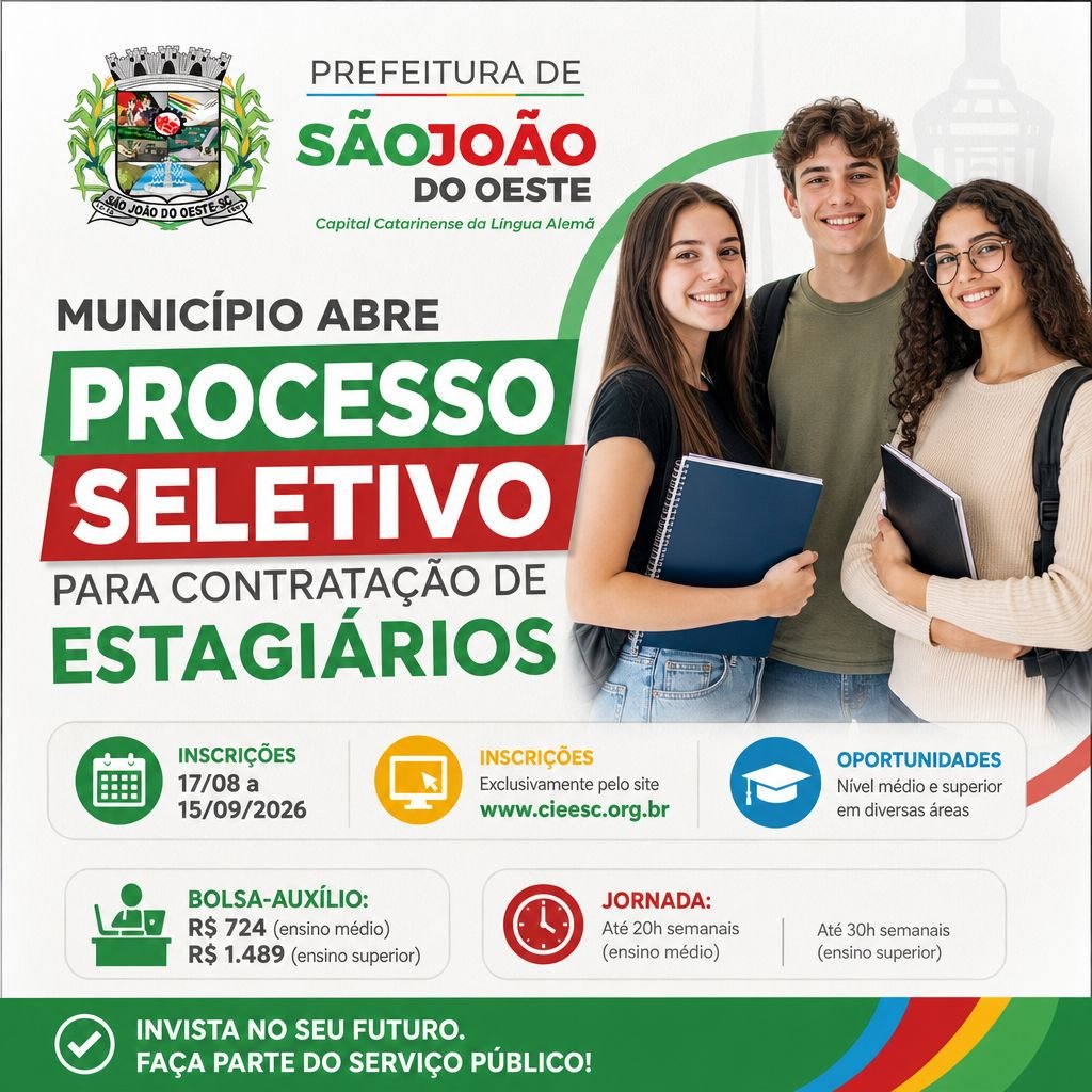 Prefeitura de São João do Oeste abre processo seletivo para estagiários