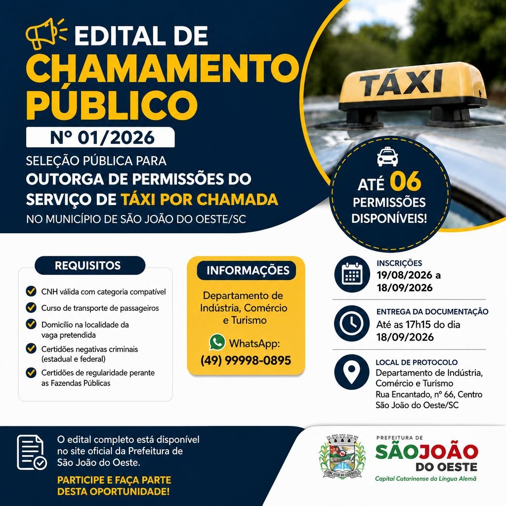 São João do Oeste abre seleção para permissões de Táxi por Chamada