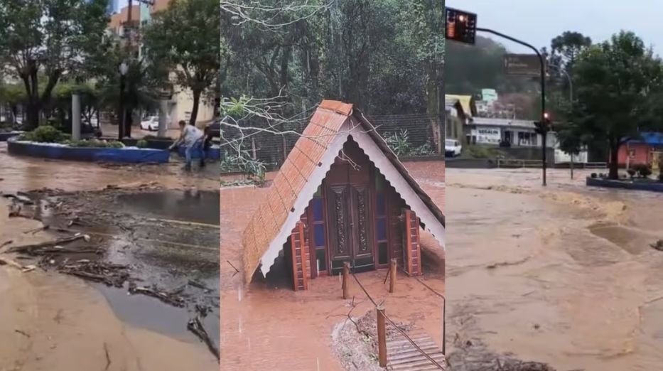 Rio Capinzal transborda e alaga ruas no centro de Capinzal, SC