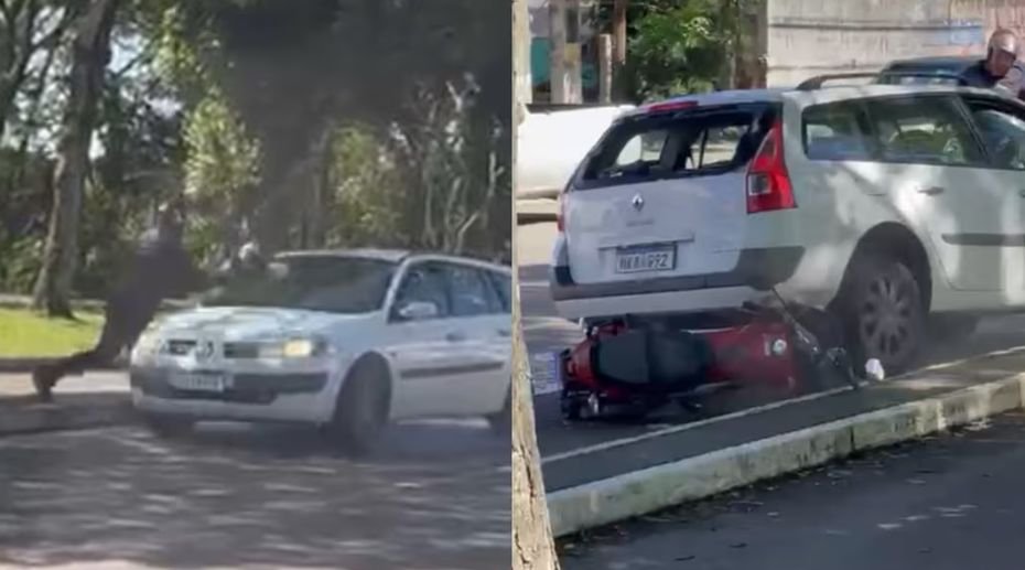 Briga de trânsito em Tubarão resulta em para-brisa quebrado e moto prensada