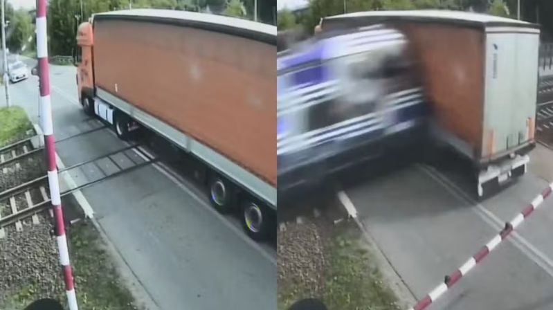 Caminhão é atingido por trem após ficar preso em trilhos na Polônia