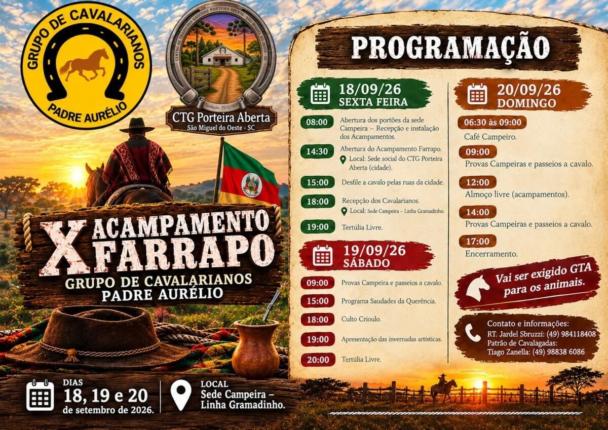 10º Acampamento Farrapo acontece em São Miguel do Oeste entre 18 e 20 de setembro
