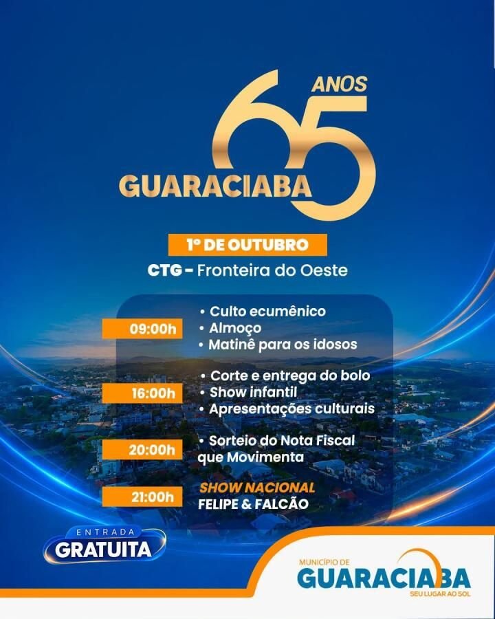 Guaraciaba terá programação gratuita para comemorar 65 anos de emancipação