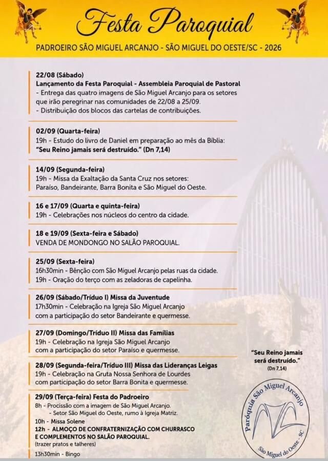 Festa do Padroeiro em São Miguel do Oeste terá almoço, bingo e matinê