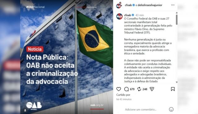 OAB e seccionais reagem a declaração de Flávio Dino sobre advogados no STF