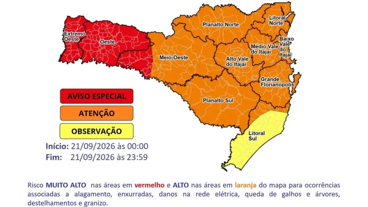 Extremo-Oeste de SC sob alerta para temporais nesta segunda-feira