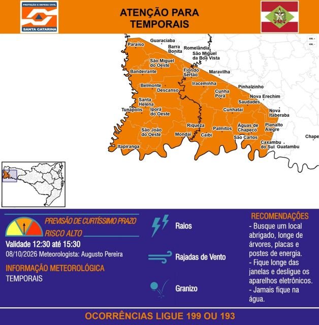 Defesa Civil alerta para temporais com granizo e ventos fortes no Oeste de SC
