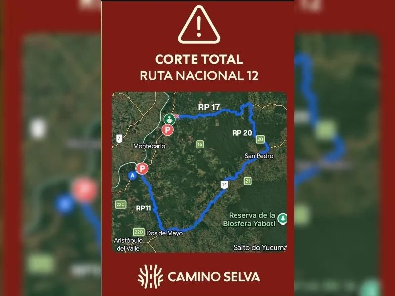 Corte total na Ruta 12 entre El Alcázar e Eldorado devido à crecida do Paraná
