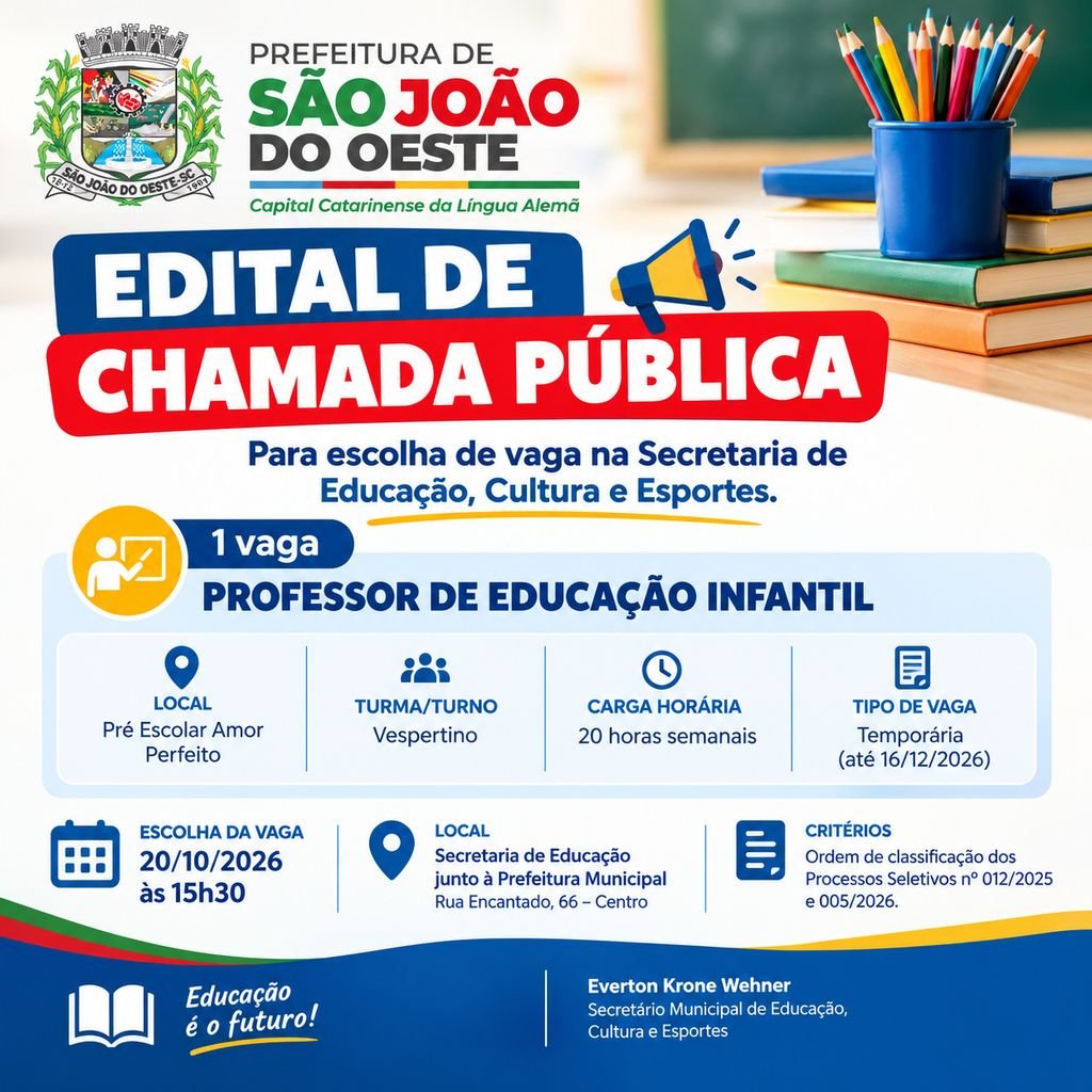 Convocados escolhem vaga de professor de Educação Infantil em São João do Oeste