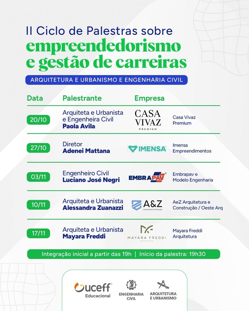 UCEFF promove ciclo de palestras sobre empreendedorismo e gestão de carreiras para acadêmicos de Arquitetura e Engenhari