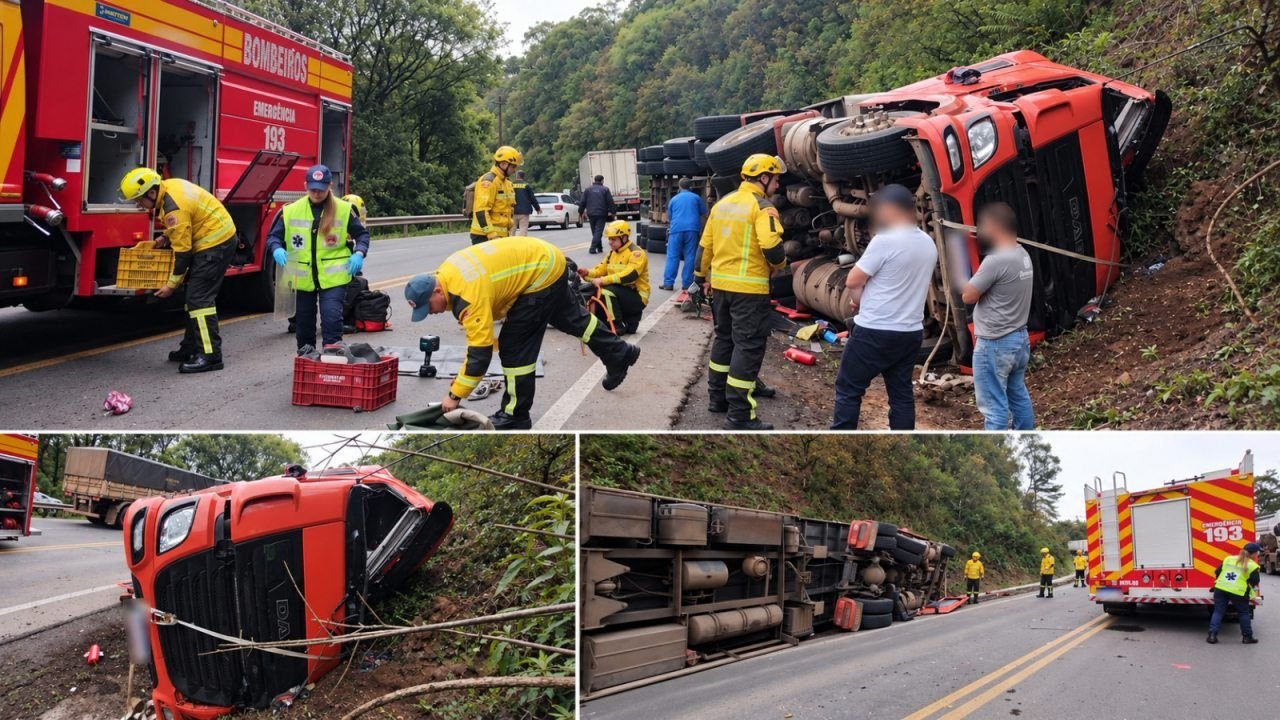 Caminhoneiro é resgatado após tombar carreta na BR-282 em Ponte Serrada